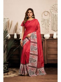 Elora - Red Linen Plain Printed Pre Draped Saree With Unstitched Blouse
