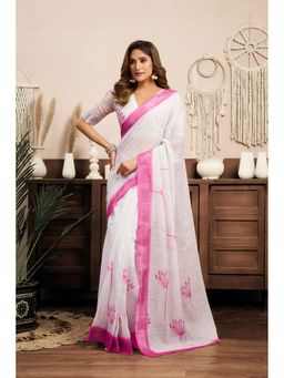 Elora - White Linen Floral Printed Pre Draped Saree With Unstitched Blouse