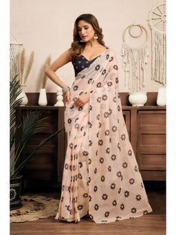Elora - Cream Linen Floral Printed Pre Draped Saree With Unstitched Blouse