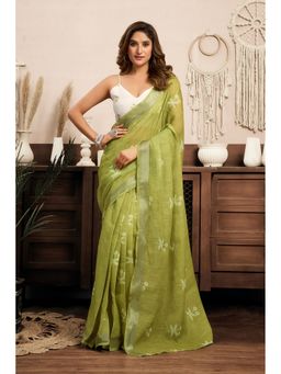 Elora - Light Olive Linen Motifs Printed Pre Draped Saree With Unstitched Blouse