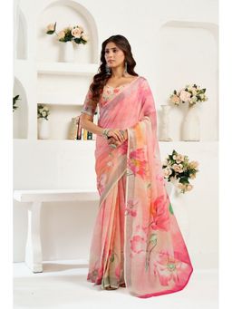 Elora - Peach Linen Floral Printed Pre Draped Saree With Unstitched Blouse