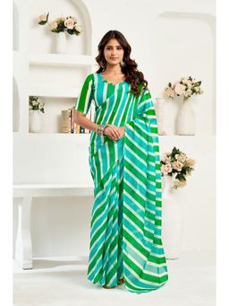Elora - Turquoise Linen Striped Printed Pre Draped Saree With Unstitched Blouse