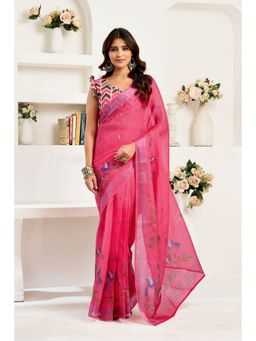 Elora - Pink Linen Bird Motifs Printed Pre Draped Saree With Unstitched Blouse