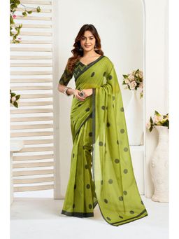 Elora - Lime Green Linen Polka Dot Printed Pre Draped Saree With Unstitched Blouse