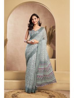 Elora - Grey Linen Geometric Printed Pre Draped Saree With Unstitched Blouse