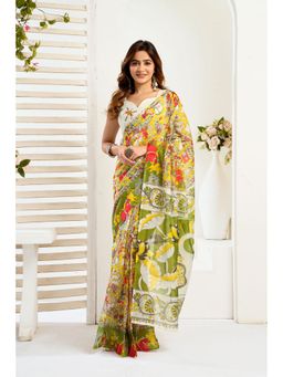 Elora - Yellow Linen Floral Printed Pre Draped Saree With Unstitched Blouse