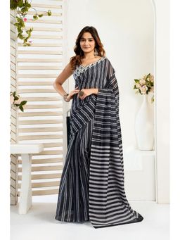 Elora - Black Linen Striped Printed Pre Draped Saree With Unstitched Blouse