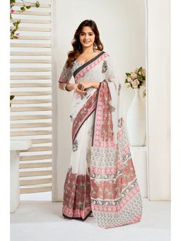 Elora - White Linen Floral Pre Draped Saree With Unstitched Blouse