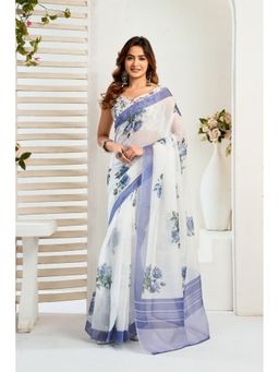 Elora - White Floral Printed Pre Draped Saree With Unstitched Blouse