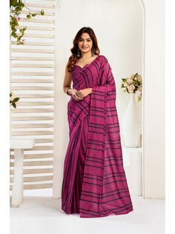 Elora - Magenta Linen Striped Printed Pre Draped Saree With Unstitched Blouse