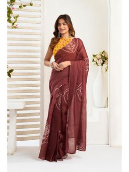Elora - Maroon Linen Floral Printed Pre Draped Saree With Unstitched Blouse