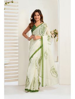 Elora - White Linen Floral Printed Pre Draped Saree With Unstitched Blouse