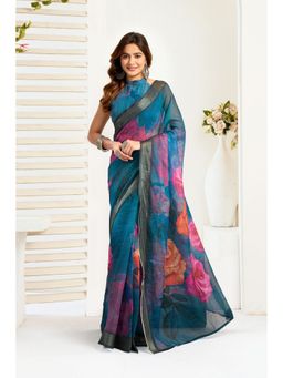 Elora - Sky Blue Linen Floral Printed Pre Draped Saree With Unstitched Blouse