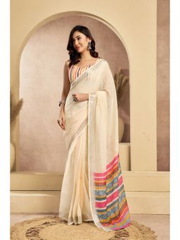 Elora - Cream Linen Self Weaved Printed Pre Draped Saree With Unstitched Blouse