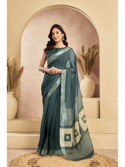 Elora - Dark Grey Linen Self Weaved Printed Pre Draped Saree With Unstitched Blouse