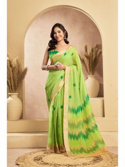 Elora - Lime Green Linen Ikat Printed Pre Draped Saree With Unstitched Blouse