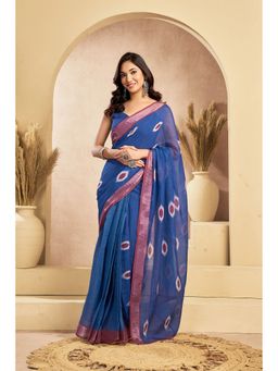 Elora - Dark Blue Linen Abstract Printed Pre Draped Saree With Unstitched Blouse