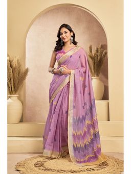 Elora - Lavender Linen Woven Square Printed Pre Draped Saree With Unstitched Blouse