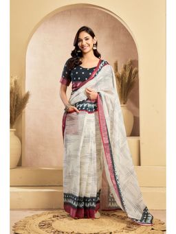 Elora - Off White Linen Striped Printed Pre Draped Saree With Unstitched Blouse