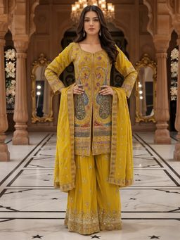 Chhabra 555 - Women Mustard Georgette Embroidered Kurta with Palazzo and Dupatta