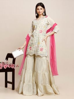 MADHURAM - Cream Premium Embroidered Top and Sharara with Dupatta