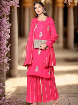 Chhabra 555 - Women Pink Cotton Blend Embroidered Kurta with Palazzo and Dupatta