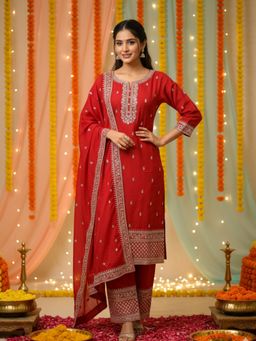 Chhabra 555 - Women Red Poly Georgette Embroidered Kurta with Pant and Dupatta