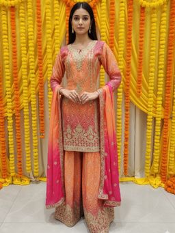 Chhabra 555 - Women Orange Crepe Embroidered Kurta with Palazzo and Dupatta