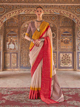 Elora - Red Poly Viscose Silk Stripes Kanjeevaram Zari Saree With Unstitched Blouse