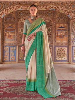 Elora - Green Poly Viscose Silk Stripes Kanjeevaram Zari Saree With Unstitched Blouse
