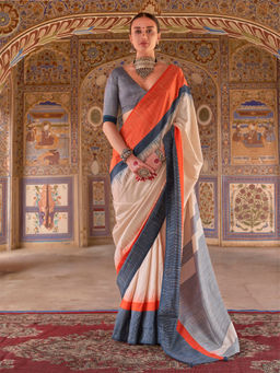 Elora - Cream Poly Viscose Silk Stripes Kanjeevaram Zari Saree With Unstitched Blouse