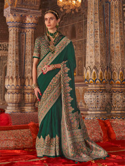 Elora - Bottle Green Banarasi Zari Woven Designer Saree With Unstitched Blouse