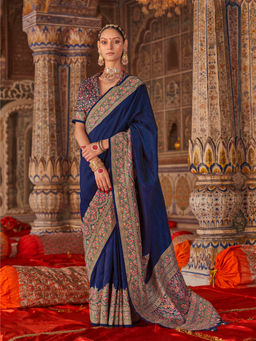 Elora - Navy Blue Banarasi Zari Woven Designer Saree With Unstitched Blouse