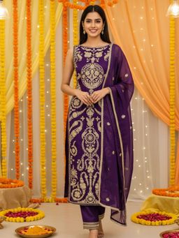 Chhabra 555 - Women Purple Georgette Embroidered Kurta with Pant and Dupatta