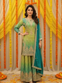 Chhabra 555 - Women Green Crepe Embroidered Kurta with Palazzo and Dupatta