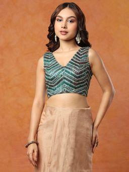 SALWAR STUDIO - Green V-Neck Sleeveless Mirror Work Embroidered Stitched Blouse