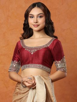 SALWAR STUDIO - Maroon Embroidered Round Neck Stitched Blouse