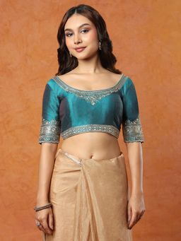 SALWAR STUDIO - Rama Teal Embroidered Round Neck Stitched Blouse