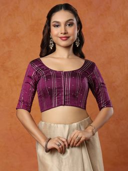 SALWAR STUDIO - Purple Taffeta Round Neck Stitched Blouse