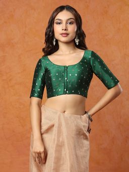 SALWAR STUDIO - Bottle Green Round Neck Brocade Stitched Blouse