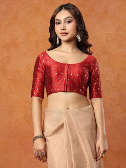 SALWAR STUDIO - Maroon Round Neck Brocade Stitched Blouse