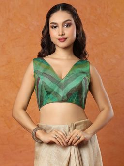 SALWAR STUDIO - Green Tissue V-Neck Sleeveless Stitched Blouse