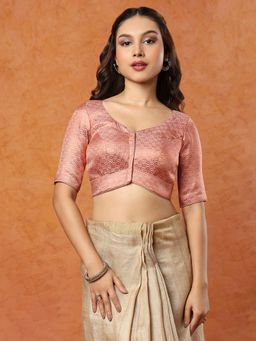 SALWAR STUDIO - Rose Gold Brocade Round Neck Elbow Sleeves Stitched Blouse