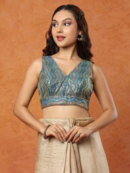 SALWAR STUDIO - Blue Embroidered V Neck Sleeveless Stitched Blouse