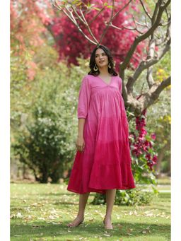 SAVI - Pink Cotton Dobby Ombre Tiered Designer Dress