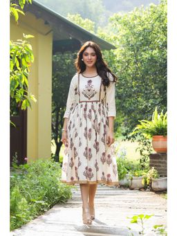 SAVI - Off White Cotton Floral Printed Designer Dress