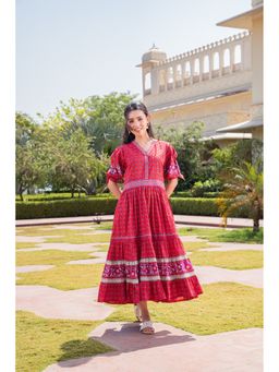 SAVI - Red Cotton Floral Printed Flared Designer Dress