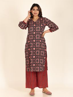 ARAMYA - Women Black Pure Cotton Straight Kurta with Palazzo