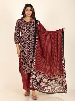 ARAMYA - Women Black Pure Cotton Straight Kurta with Palazzo and Dupatta