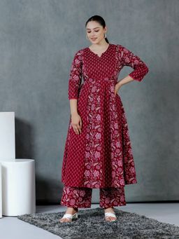 ARAMYA - Women Maroon Pure Cotton A-Line Kurta with Palazzo